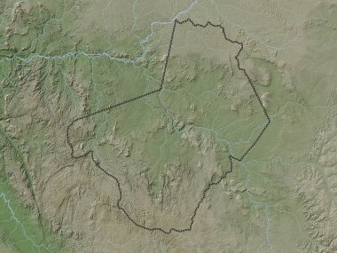 Ogooue-Lolo, Gabon vilayeti. Yükseklik haritası göller ve nehirlerle wiki stilinde renklendirilmiştir