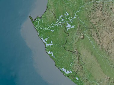 Ogooue-Maritime, Gabon vilayeti. Yükseklik haritası göller ve nehirlerle wiki stilinde renklendirilmiştir