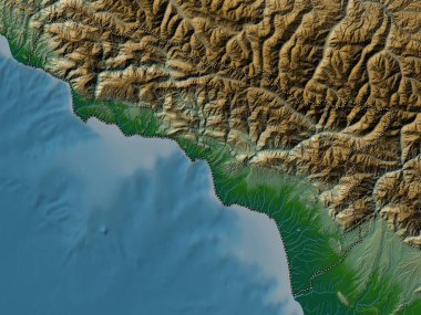 Abhazya, Gürcistan Özerk Cumhuriyeti. Gölleri ve nehirleri olan renkli yükseklik haritası