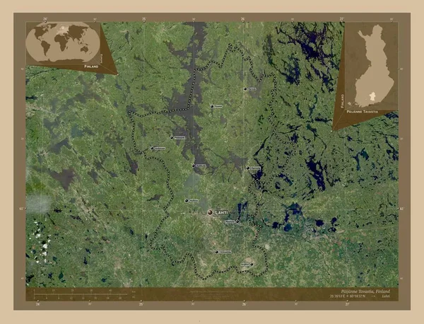 フィンランドの領域 パイジャンヌ タヴァスティア 低解像度衛星地図 地域の主要都市の位置と名前 コーナー補助位置図 — ストック写真