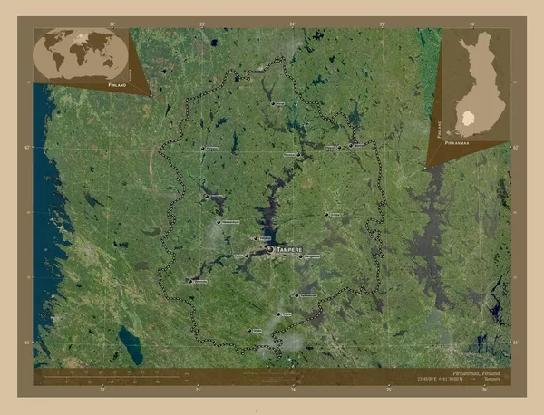 Pirkanmaa 芬兰地区 低分辨率卫星地图 该区域主要城市的地点和名称 角辅助位置图 — 图库照片