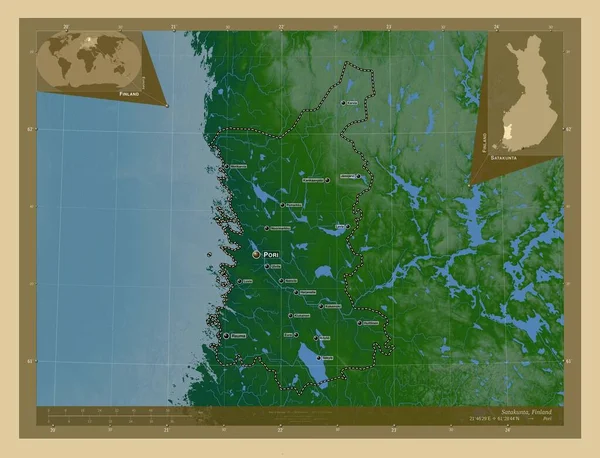 Satakunta Region Finland Colored Elevation Map Lakes Rivers Locations Names — Stock Photo, Image