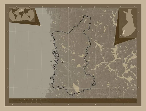 Satakunta, region of Finland. Elevation map colored in sepia tones with lakes and rivers. Corner auxiliary location maps