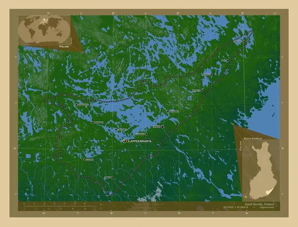 Południowa Karelia Region Finlandii Kolorowa Mapa Wzniesień Jeziorami Rzekami Lokalizacje — Zdjęcie stockowe