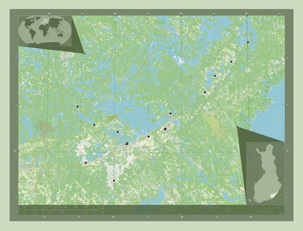 南カレリア フィンランドの地域 ストリートマップを開く 地域の主要都市の場所 コーナー補助位置図 — ストック写真