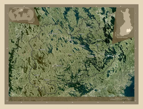 南萨沃尼亚 芬兰地区 高分辨率卫星地图 该区域主要城市的地点和名称 角辅助位置图 — 图库照片