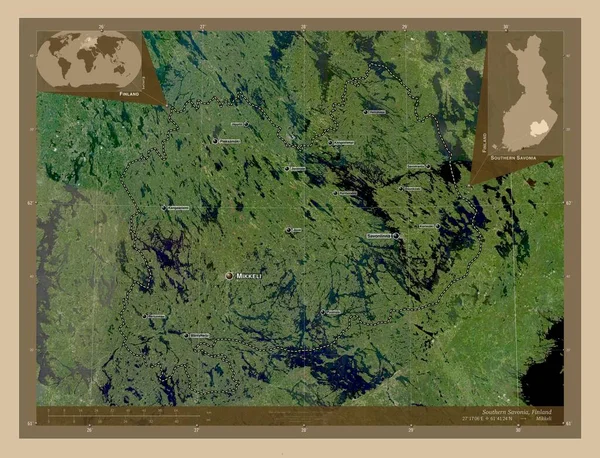 南萨沃尼亚 芬兰地区 低分辨率卫星地图 该区域主要城市的地点和名称 角辅助位置图 — 图库照片