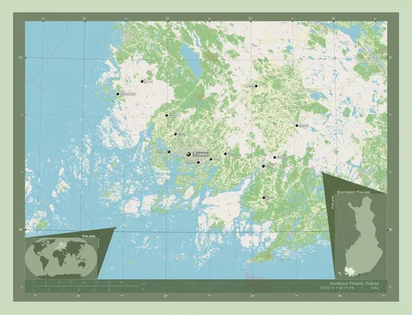 芬兰西南部 芬兰地区 开放街道地图 该区域主要城市的地点和名称 角辅助位置图 — 图库照片