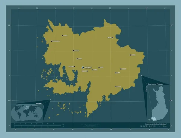 フィンランド南西部 フィンランドの地域 しっかりした色の形 地域の主要都市の位置と名前 コーナー補助位置図 — ストック写真