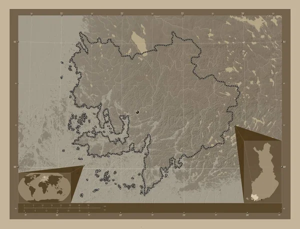 Suroeste Finlandia Región Finlandia Mapa Elevación Coloreado Tonos Sepia Con — Foto de Stock