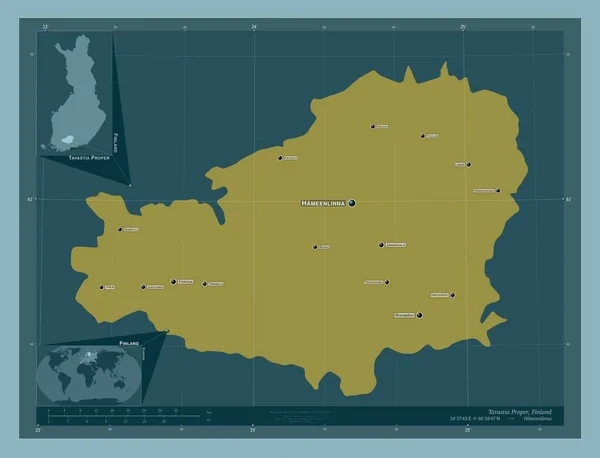 Tavastia Proper 芬兰地区 固体的颜色形状 该区域主要城市的地点和名称 角辅助位置图 — 图库照片