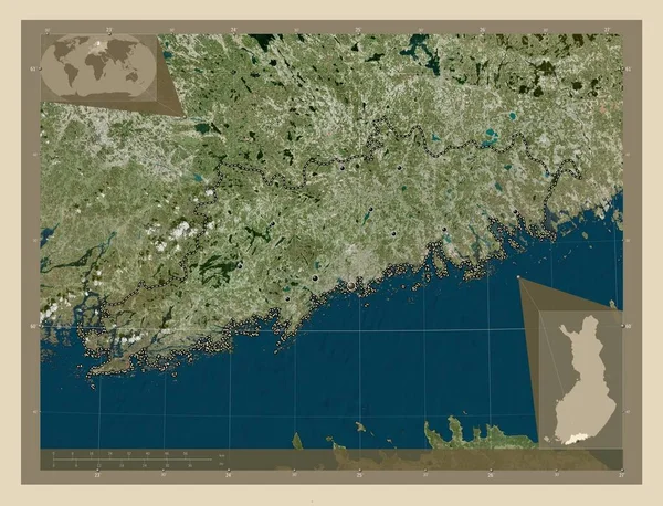 フィンランドのウジマ地方 高解像度衛星地図 地域の主要都市の場所 コーナー補助位置図 — ストック写真
