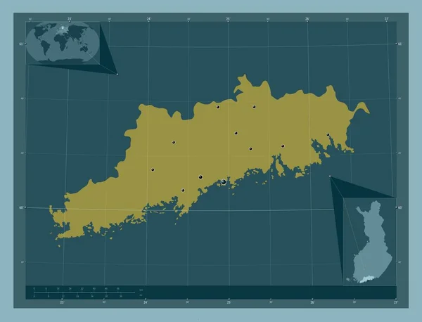 Uusimaa 芬兰地区 固体的颜色形状 该区域主要城市的所在地点 角辅助位置图 — 图库照片