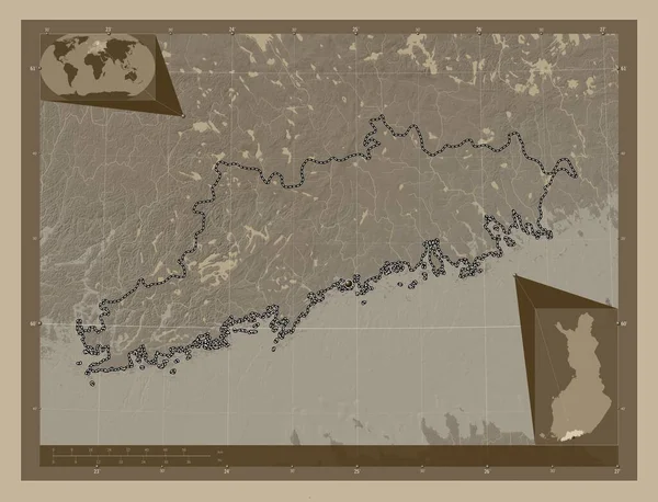 Uusimaa Región Finlandia Mapa Elevación Coloreado Tonos Sepia Con Lagos — Foto de Stock