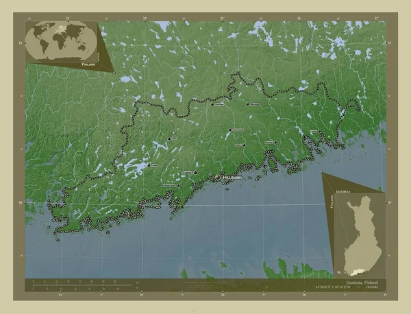 Uusimaa Região Finlândia Mapa Elevação Colorido Estilo Wiki Com Lagos — Fotografia de Stock