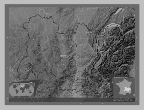 Овернь Рон Альпы Регион Франции Карта Высот Оттенках Серого Озерами — стоковое фото