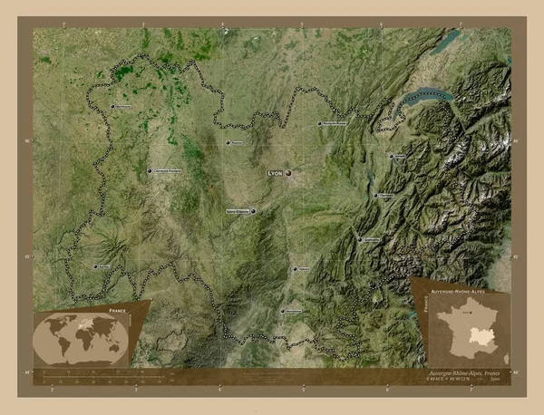 Auvergne Rhone Alpes Περιφέρεια Γαλλίας Δορυφορικός Χάρτης Χαμηλής Ανάλυσης Τοποθεσίες — Φωτογραφία Αρχείου