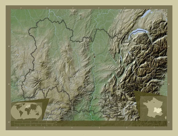 Auvergne Rhone Alpes Region France Elevation Map Colored Wiki Style — Stock Photo, Image