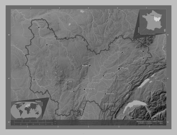 Bourgogne Franche Comte Región Francia Mapa Elevación Escala Grises Con —  Fotos de Stock