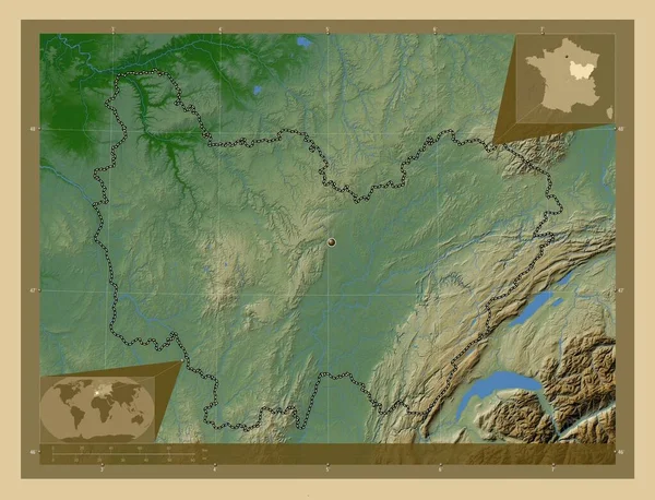 Бургундия Франш Конт Область Франции Цветная Карта Высоты Озерами Реками — стоковое фото