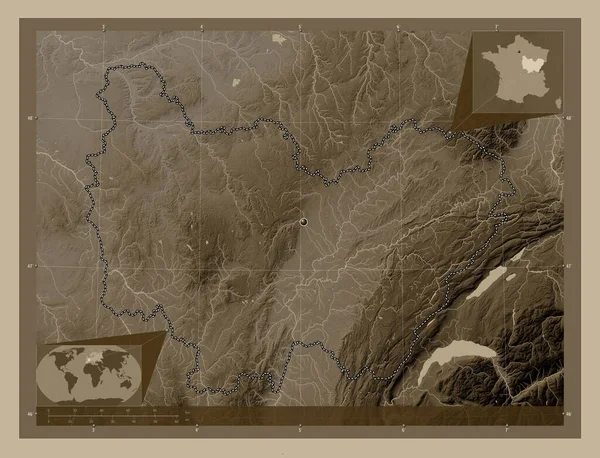 Bourgogne Franche Comte Region Francji Mapa Elewacji Kolorowe Sepia Dźwięki — Zdjęcie stockowe