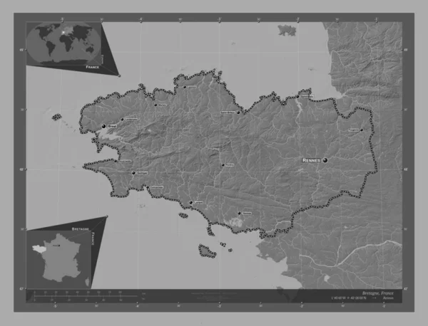Bretagne Region Francji Dwupoziomowa Mapa Jeziorami Rzekami Lokalizacje Nazwy Głównych — Zdjęcie stockowe