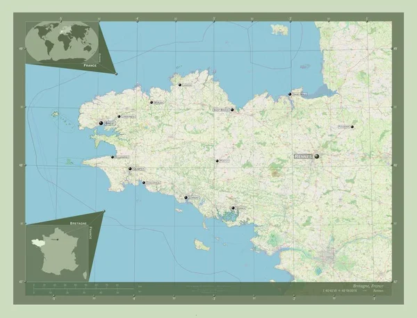 Bretagne Περιφέρεια Γαλλίας Χάρτης Του Δρόμου Τοποθεσίες Και Ονόματα Μεγάλων — Φωτογραφία Αρχείου