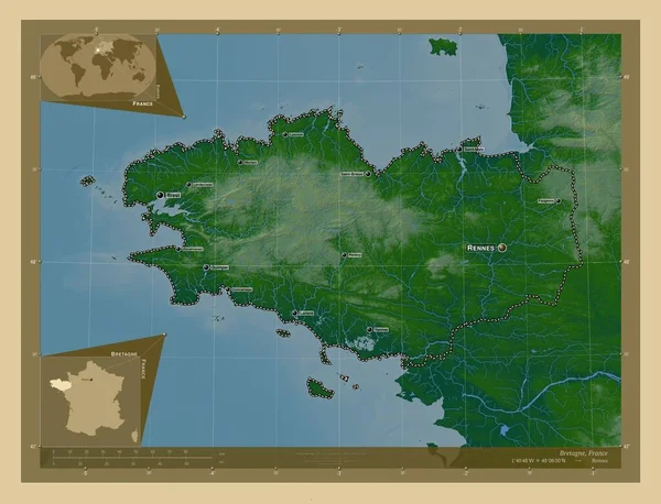 Bretagne Περιφέρεια Γαλλίας Χρωματιστός Υψομετρικός Χάρτης Λίμνες Και Ποτάμια Τοποθεσίες — Φωτογραφία Αρχείου