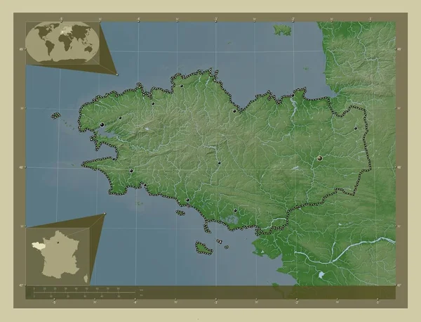 Bretagne Oblast Francie Zdvihová Mapa Zbarvená Stylu Wiki Jezery Řekami — Stock fotografie