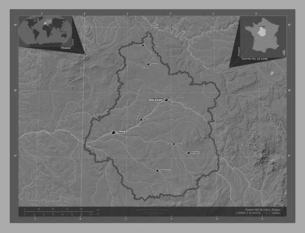 Centre Val Loire Region France 带湖泊和河流的比尔维尔高程图 该区域主要城市的地点和名称 角辅助位置图 — 图库照片