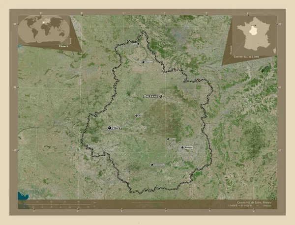 フランスの地域 ロワール中心部 高解像度衛星地図 地域の主要都市の位置と名前 コーナー補助位置図 — ストック写真