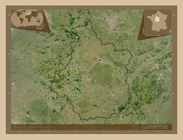 フランスの地域 ロワール中心部 低解像度衛星地図 地域の主要都市の位置と名前 コーナー補助位置図 — ストック写真