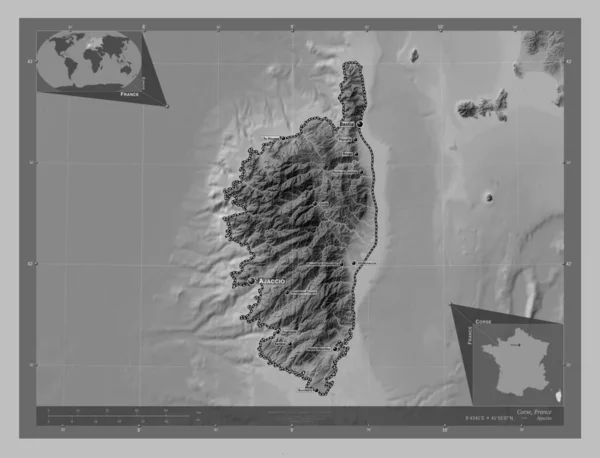 Corse Regio Van Frankrijk Grayscale Hoogte Kaart Met Meren Rivieren — Stockfoto