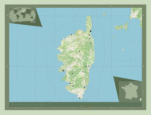 コルセフランスの領域 ストリートマップを開く 地域の主要都市の場所 コーナー補助位置図 — ストック写真