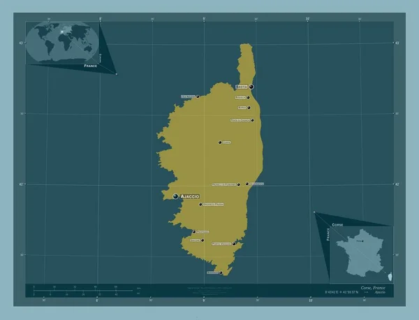 コルセフランスの領域 しっかりした色の形 地域の主要都市の位置と名前 コーナー補助位置図 — ストック写真