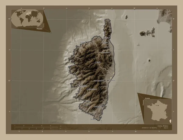 Corse Region Francji Mapa Elewacji Kolorowe Sepia Dźwięki Jeziorami Rzekami — Zdjęcie stockowe