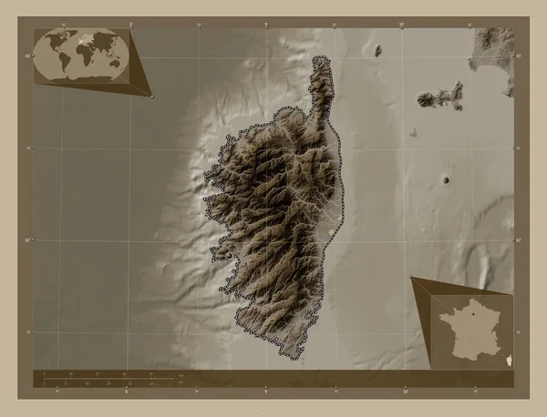 Corse Oblast Francie Zdvihová Mapa Zbarvená Sépiovými Tóny Jezery Řekami — Stock fotografie