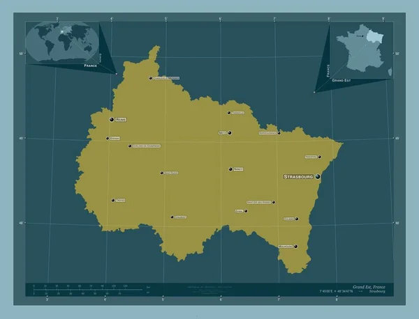 グランド イースト フランスの地域 しっかりした色の形 地域の主要都市の位置と名前 コーナー補助位置図 — ストック写真