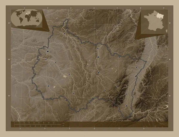 Grand Est Oblast Francie Zdvihová Mapa Zbarvená Sépiovými Tóny Jezery — Stock fotografie