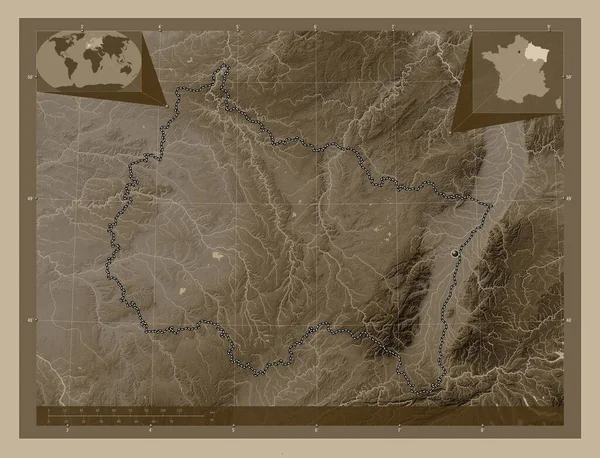 Grand Est Region Francji Mapa Elewacji Kolorowe Sepia Dźwięki Jeziorami — Zdjęcie stockowe