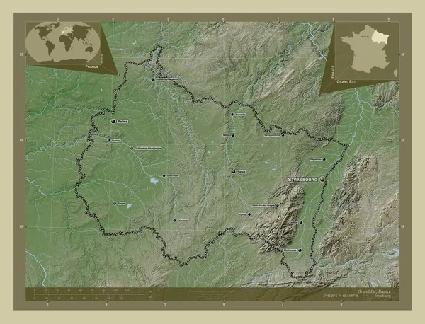 Grand Est Region Francji Mapa Wzniesień Kolorowa Stylu Wiki Jeziorami — Zdjęcie stockowe