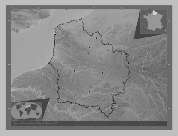 Hauts-de-France, region of France. Grayscale elevation map with lakes and rivers. Locations of major cities of the region. Corner auxiliary location maps