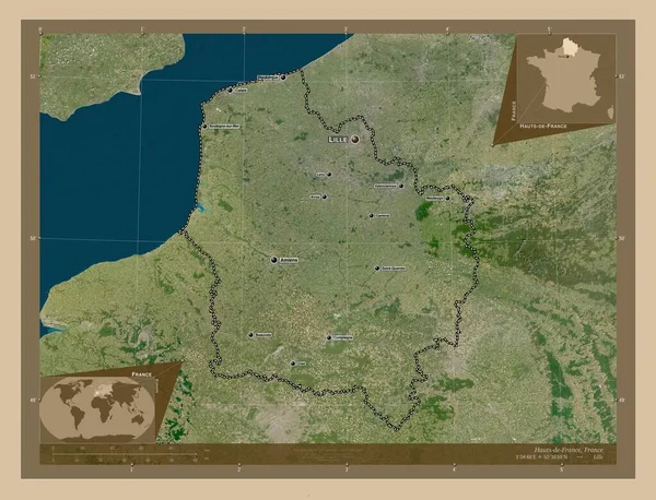 Hauts-de-France, region of France. Low resolution satellite map. Locations and names of major cities of the region. Corner auxiliary location maps