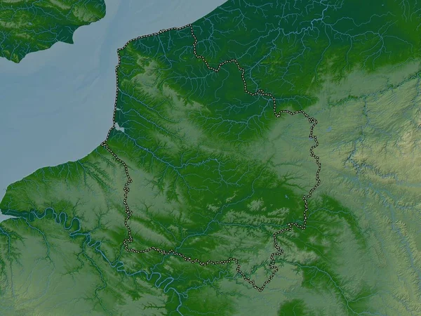 Hauts-de-France, region of France. Colored elevation map with lakes and rivers