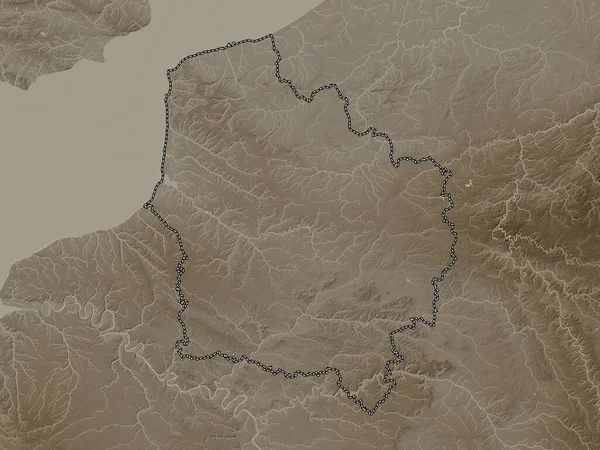 Hauts-de-France, region of France. Elevation map colored in sepia tones with lakes and rivers
