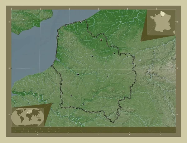 Hauts-de-France, region of France. Elevation map colored in wiki style with lakes and rivers. Locations of major cities of the region. Corner auxiliary location maps