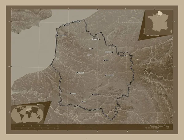 Hauts France Franciaország Régiója Magassági Térkép Színes Szépia Tónusok Folyók — Stock Fotó