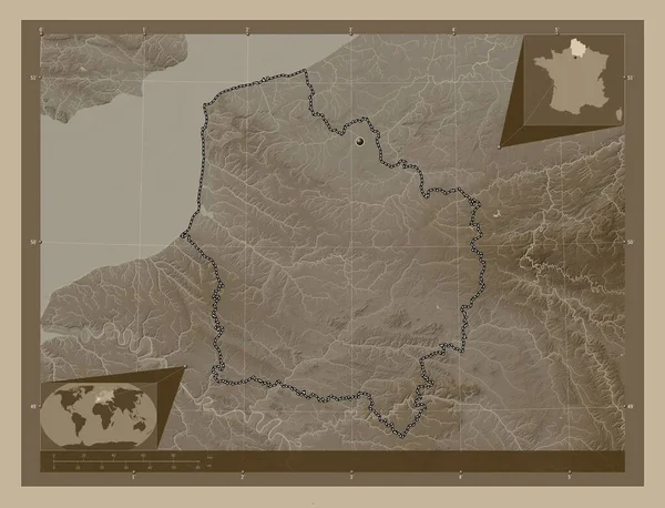 Hauts France Region Francie Zdvihová Mapa Zbarvená Sépiovými Tóny Jezery — Stock fotografie