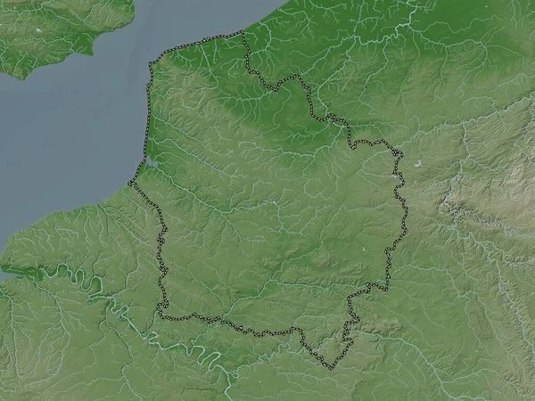 Hauts-de-France, region of France. Elevation map colored in wiki style with lakes and rivers