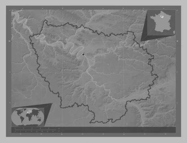 Ile France Region France Grayscale Elevation Map Lakes Rivers Corner — Stock Photo, Image